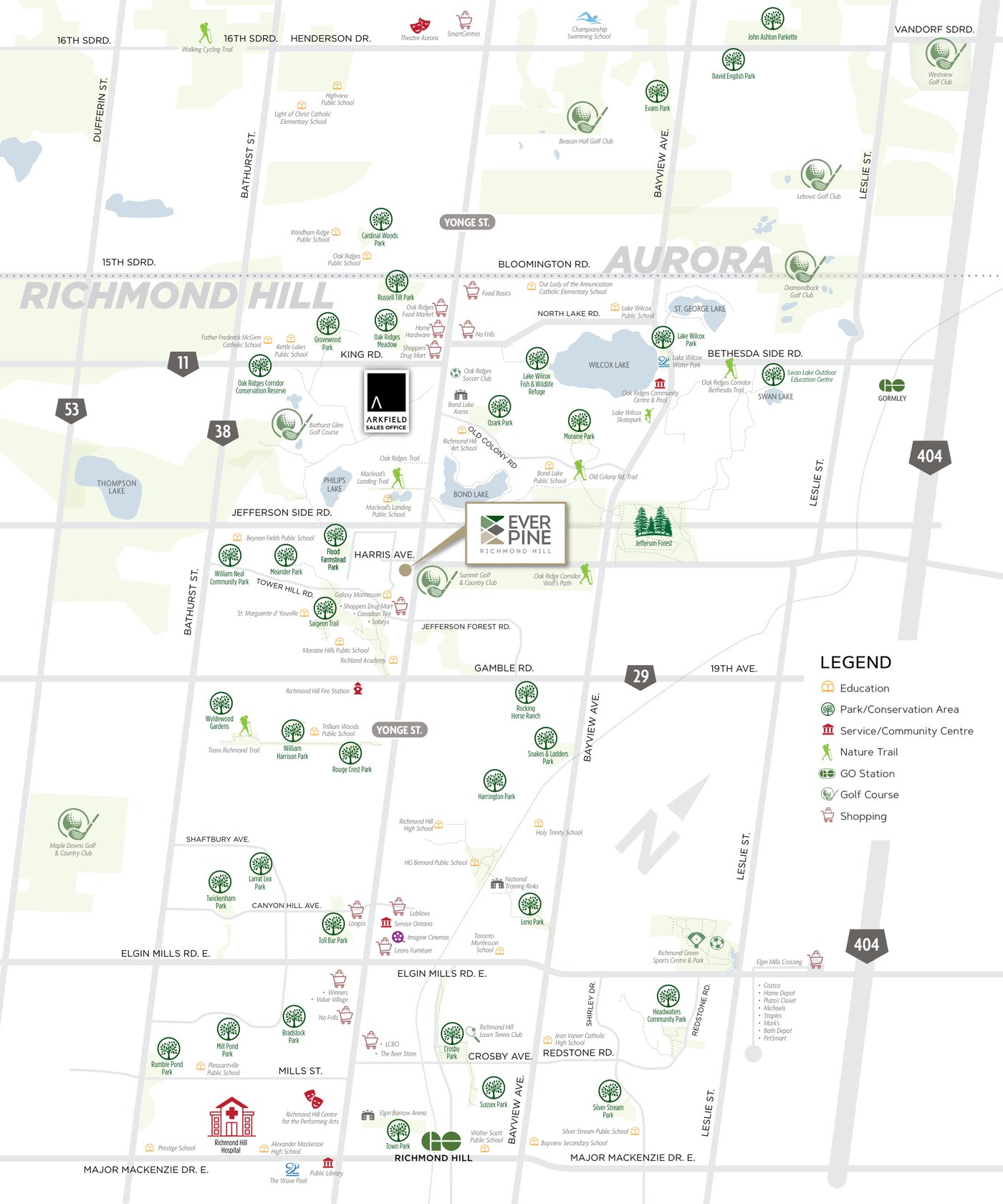 Everpine area map showing nearby schools, parks, golf and GO stations