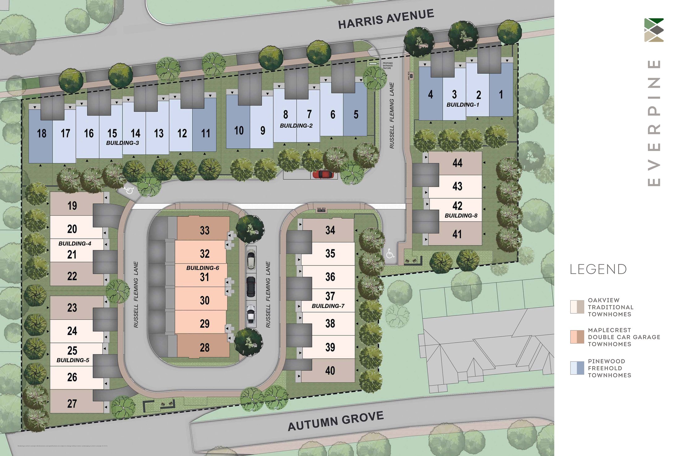 Everpine site plan: 44 townhomes in 8 buildings between Harris Avenue and Autumn Grove